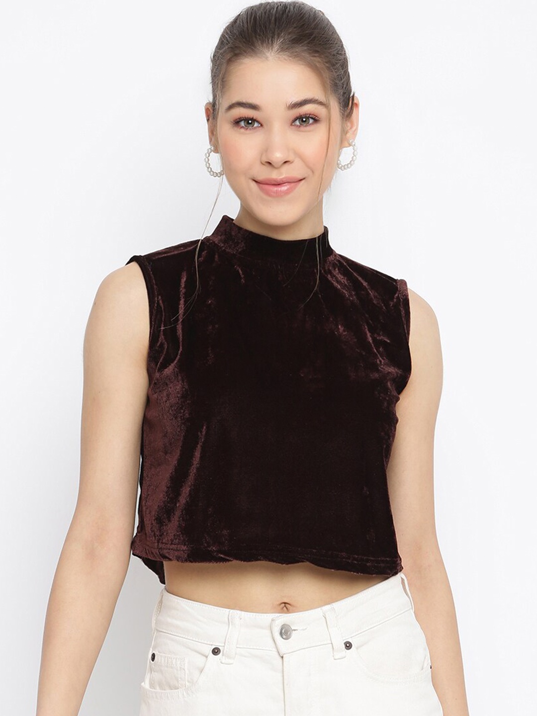 

Mayra High Neck Velvet Crop Top, Brown