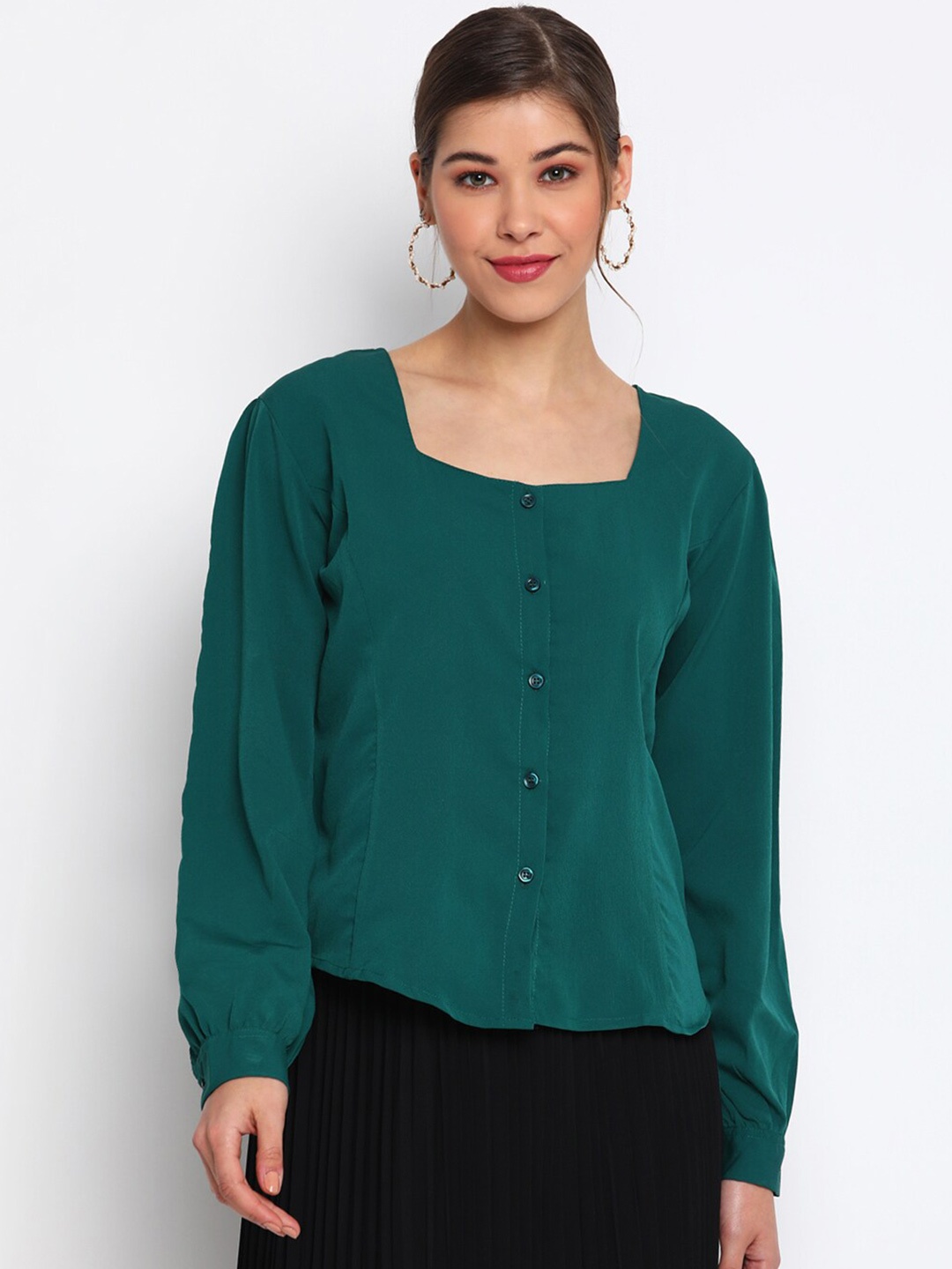 

Mayra Square Neck Crepe Cuffed Sleeves Top, Green