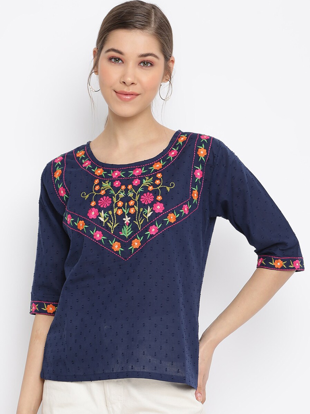 

Mayra Floral Embroidered Top, Navy blue