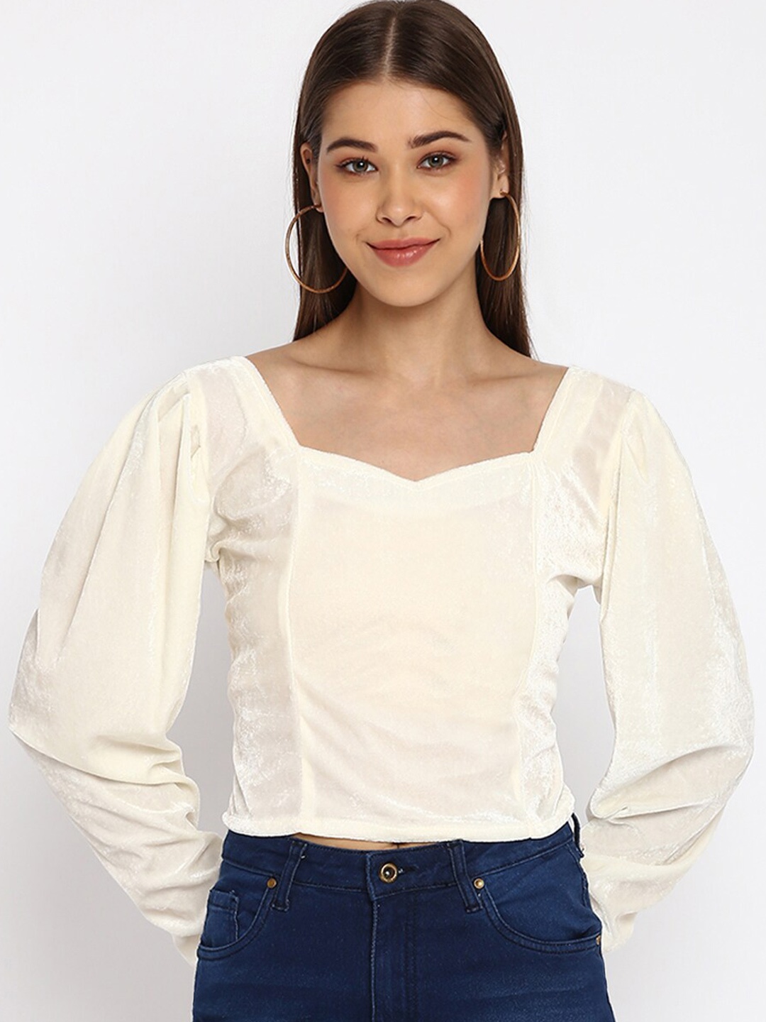 

Mayra Sweetheart Neck Puff Sleeves Velvet Top, White