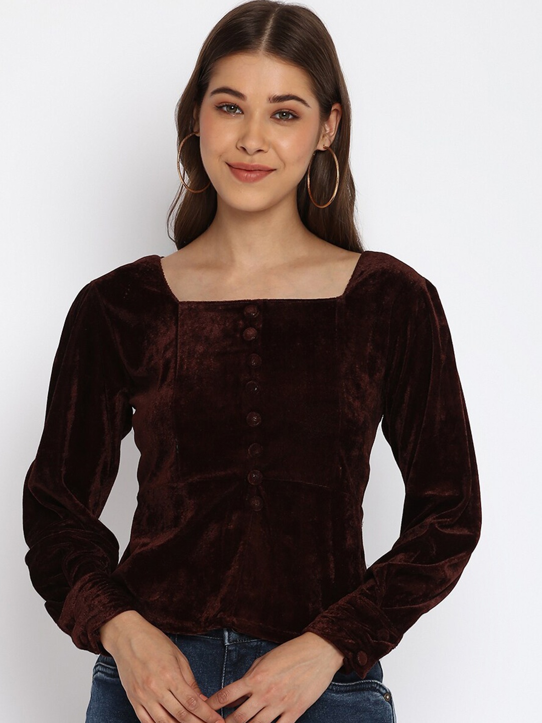 

Mayra Square Neck Velvet Cuffed Sleeves Regular Top, Burgundy