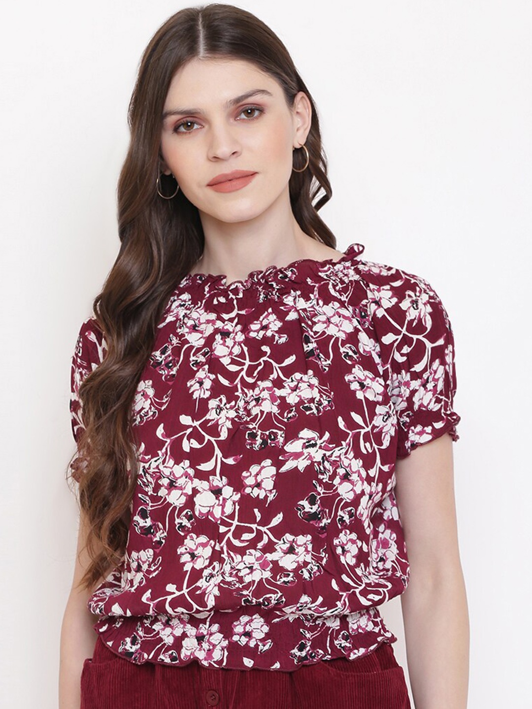 

Mayra Floral Printed Cinched Waist Short Sleeves Top, Maroon