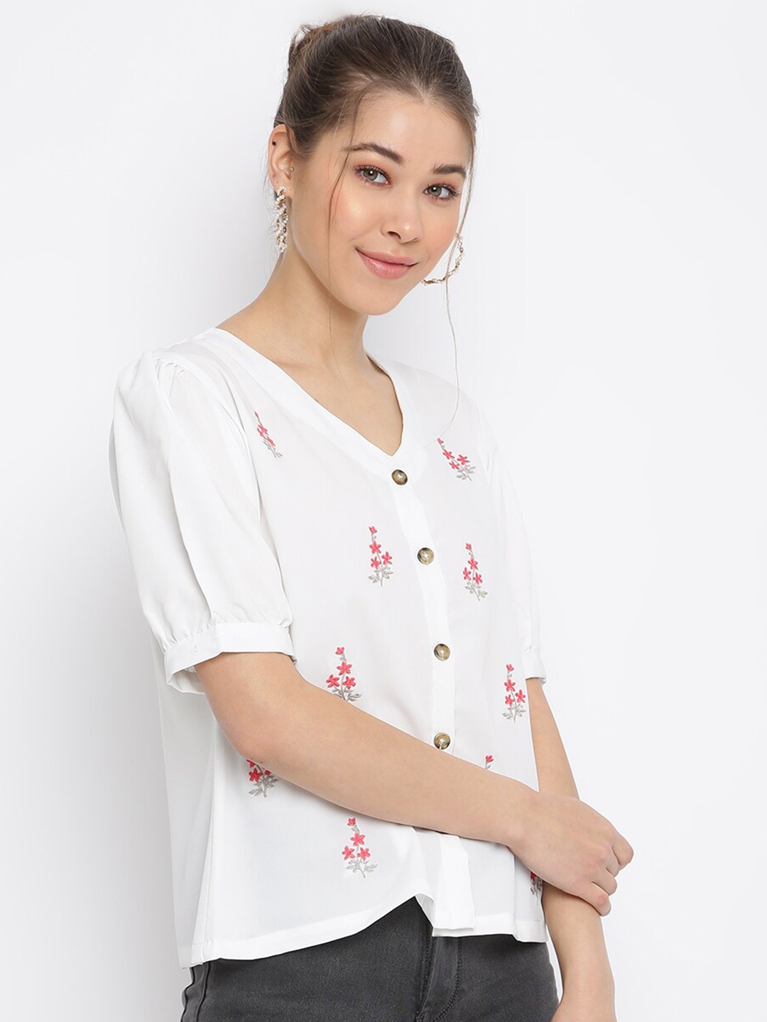 

Mayra Floral Embroidered V-Neck Crepe Shirt Style Top, White