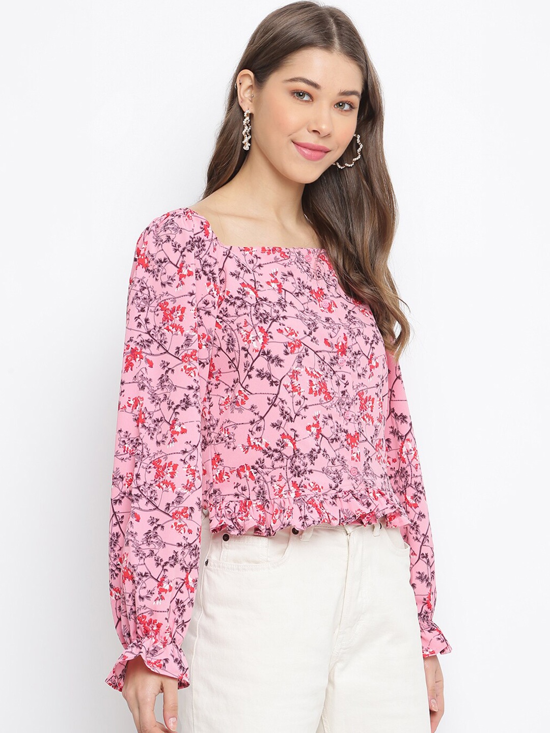 

Mayra Floral Printed Puff Sleeves Crepe Regular Top, Pink