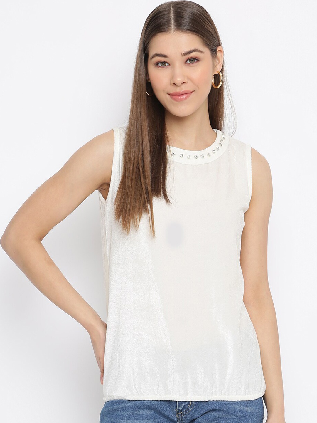 

Mayra Embellished Round Neck Sleeveless Velvet Top, White