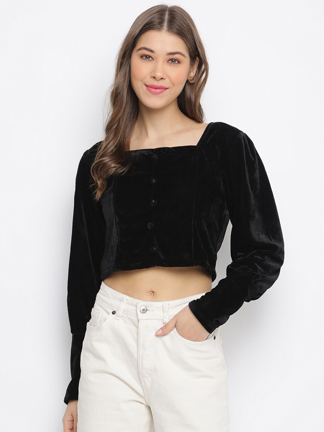 

Mayra Velvet Square Neck Crop Top, Black