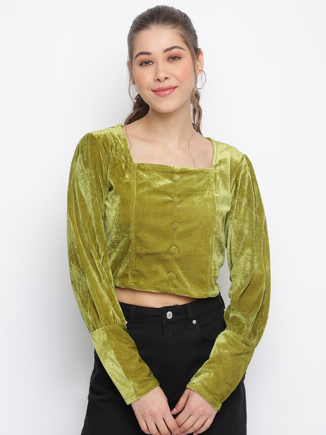 

Mayra Square Neck Puff Sleeves Crop Top, Green