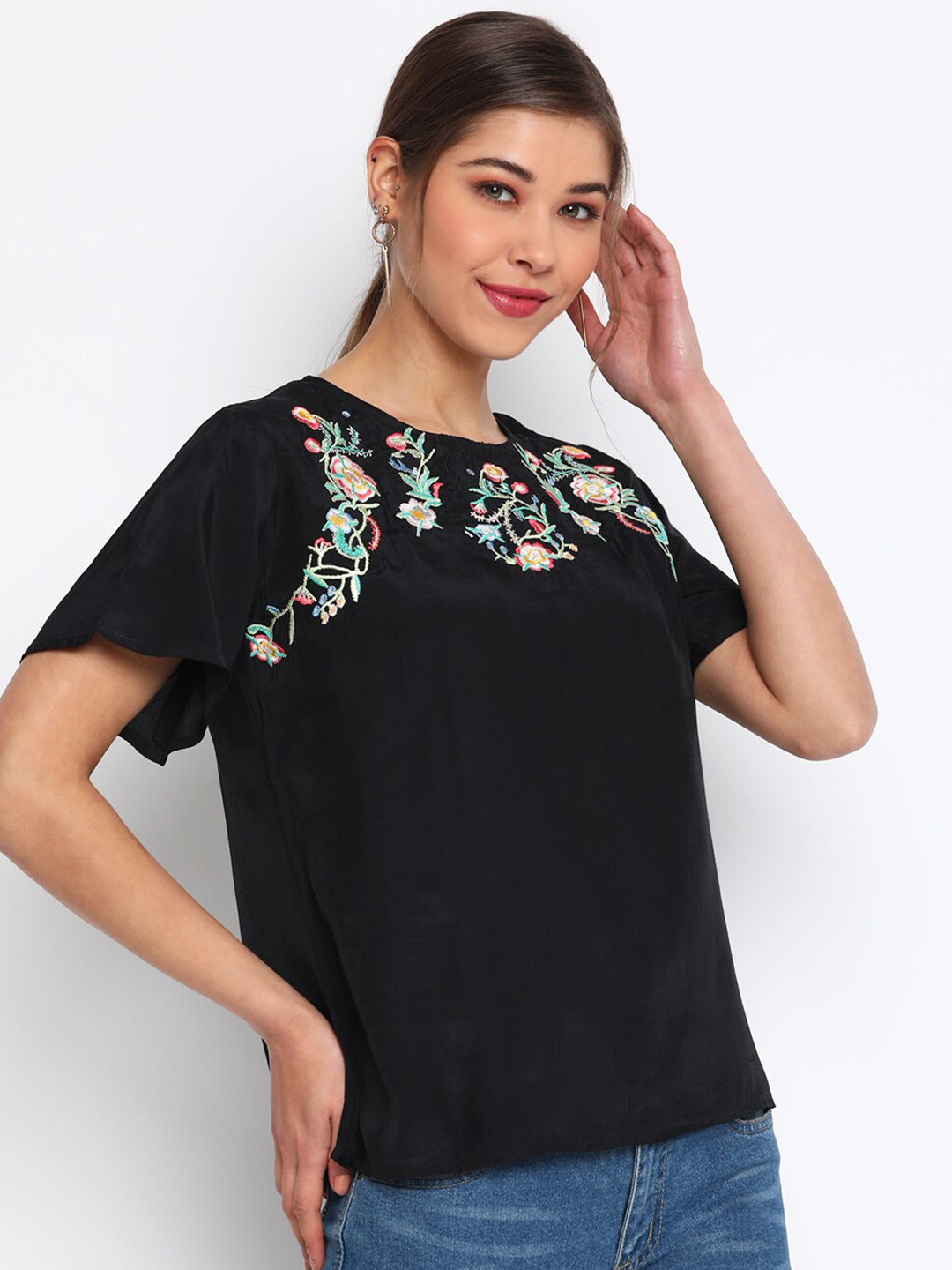 

Mayra Embroideried Crepe Top, Black