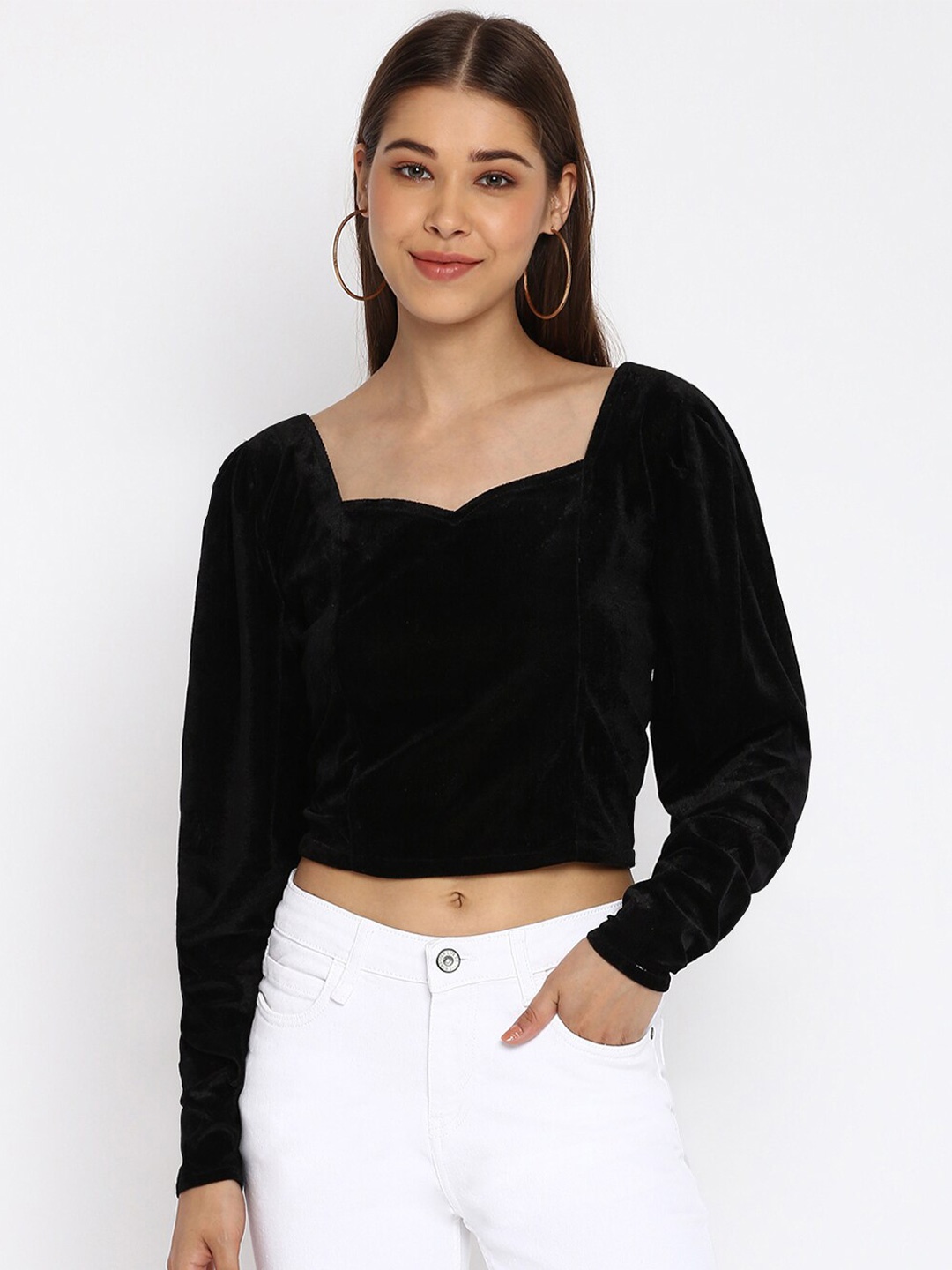 

Mayra Sweetheart Neck Velvet Crop Top, Black