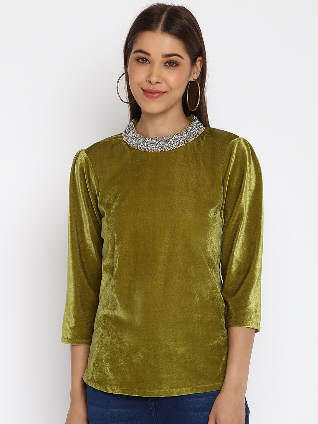 

Mayra High Neck Velvet Top, Olive