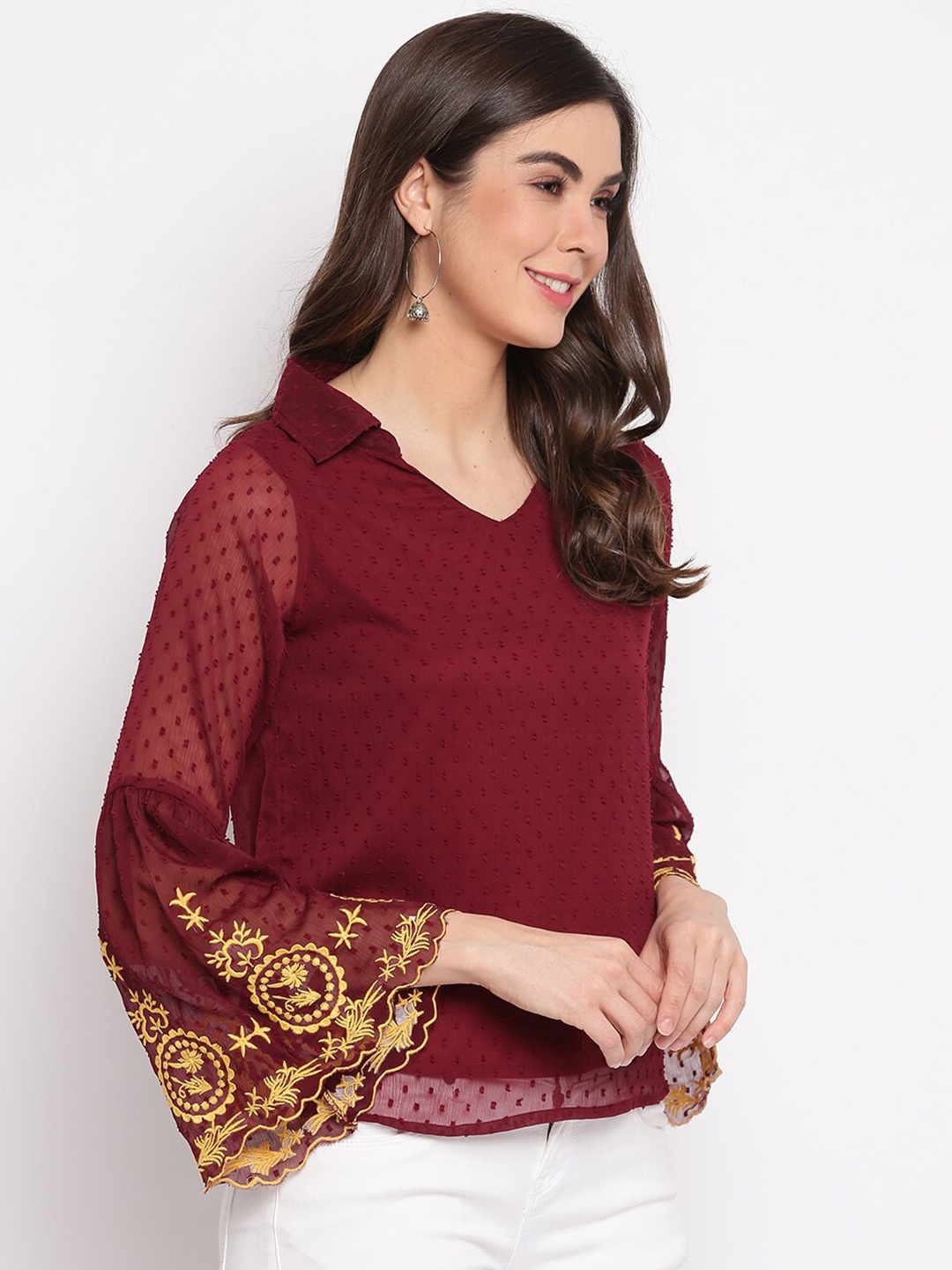 

Mayra Self Design V Neck Bell Sleeves Top, Maroon