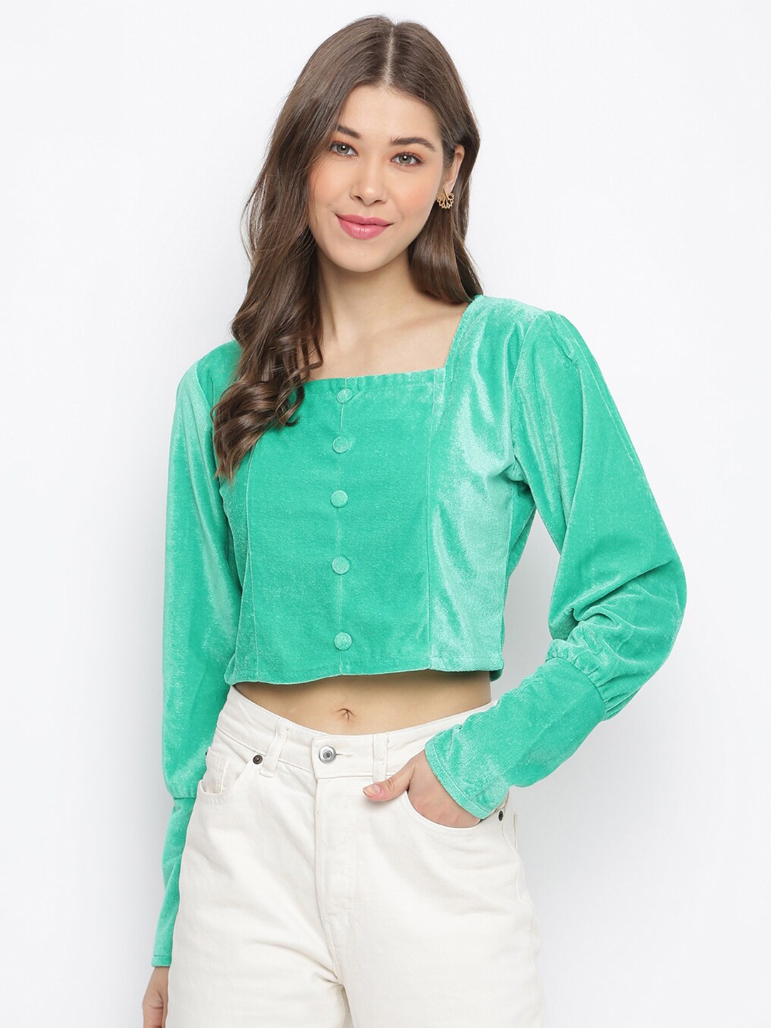 

Mayra Square Neck Velvet Crop Top, Green