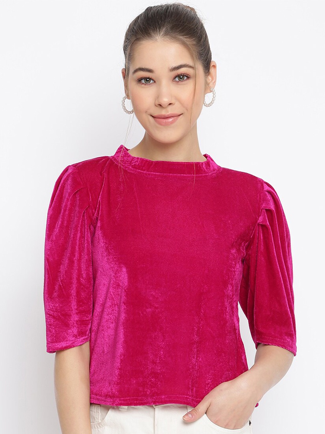 

Mayra High Neck Puff Sleeves Velvet Top, Fuchsia