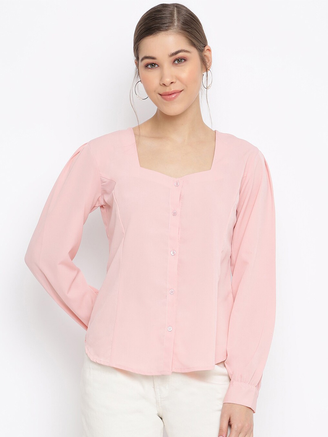 

Mayra Cuffed Sleeve Crepe Shirt Style Top, Pink