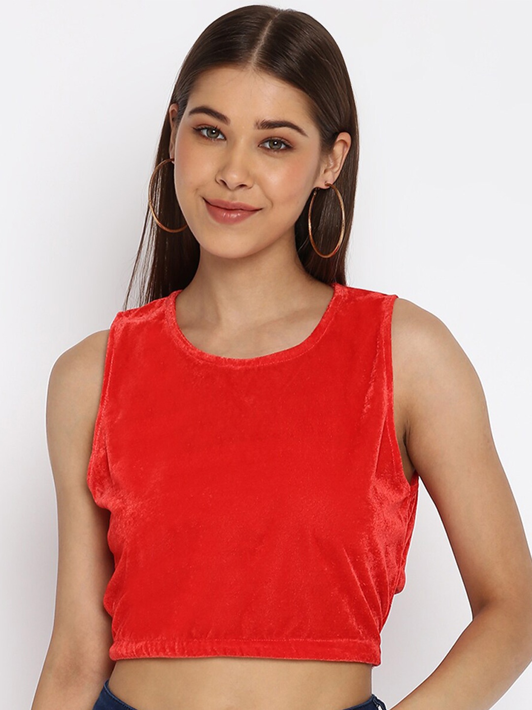 

Mayra Sleeveless Styled Back Velvet Crop Top, Red