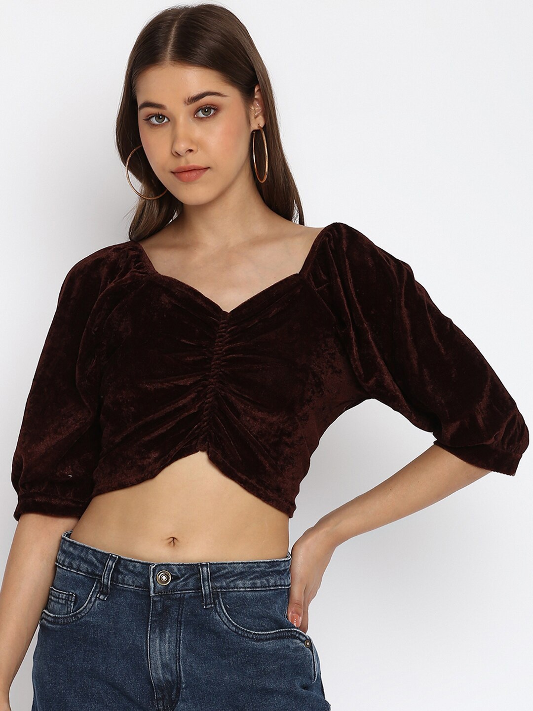 

Mayra Sweetheart Neck Ruched Velvet Crop Top, Brown