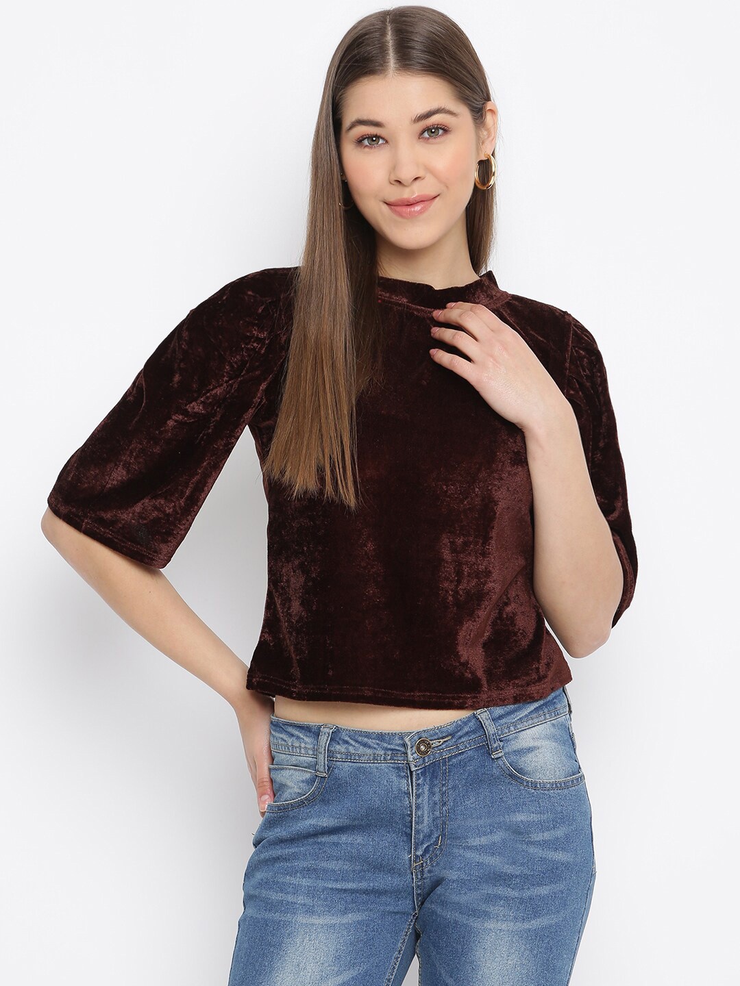 

Mayra High Neck Velvet Crop Top, Brown