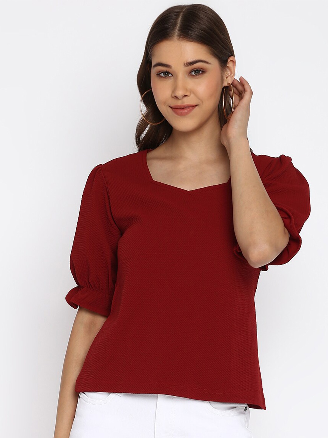 

Mayra Puff Sleeves Velvet Top, Maroon