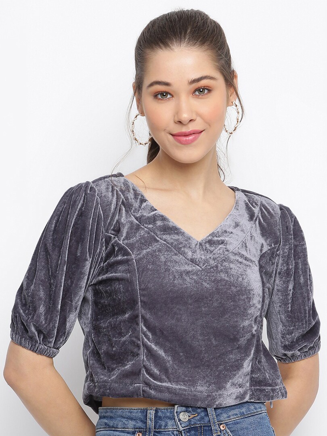 

Mayra V-Neck Puff Sleeves Velvet Crop Top, Grey