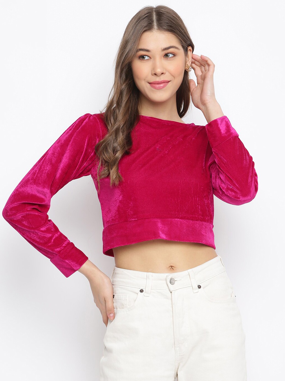 

Mayra Boat Neck Velvet Long Sleeves Crop Top, Fuchsia