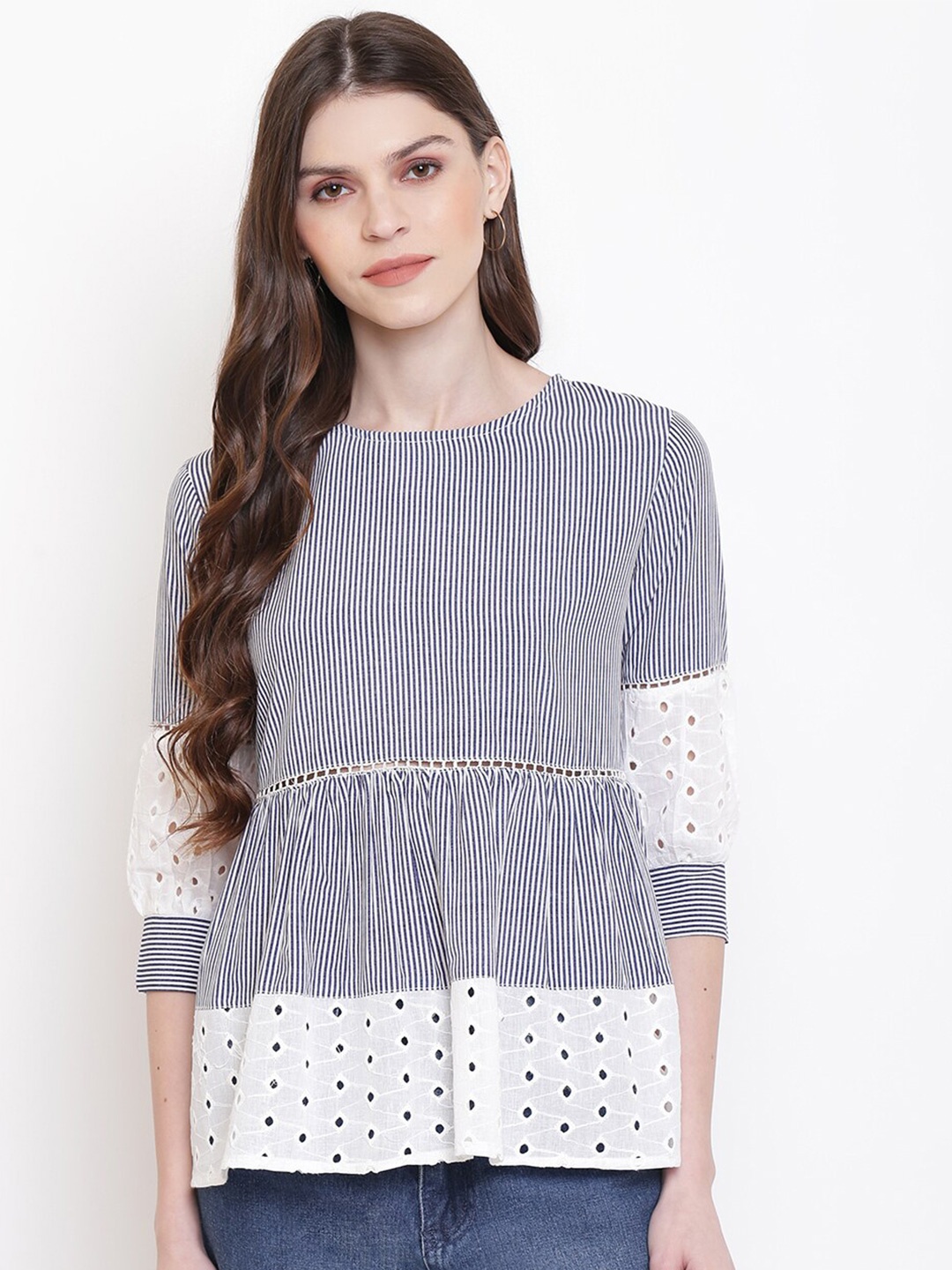 

Mayra Striped Puff Sleeves Schiffli A-Line Top, Blue