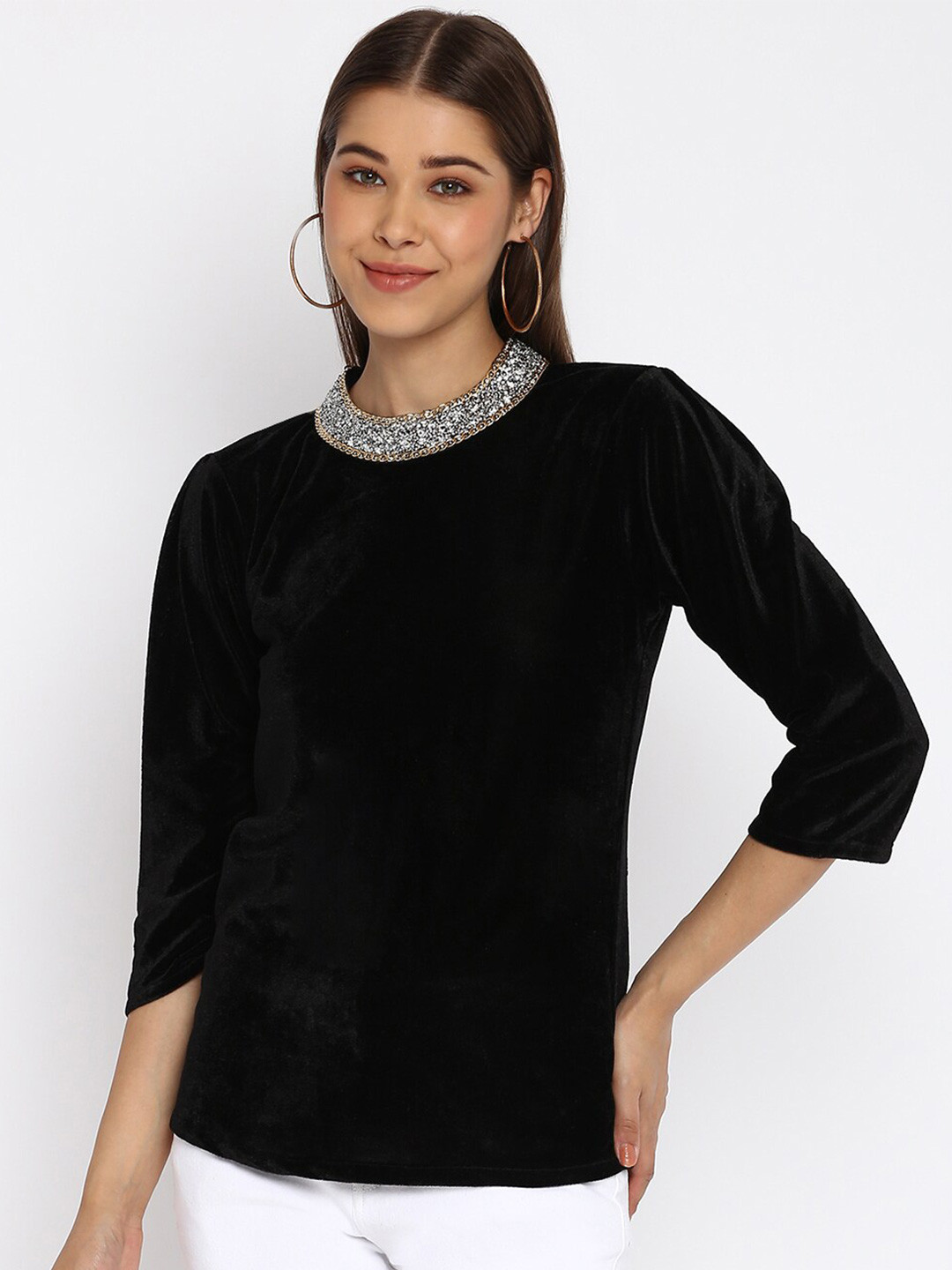 

Mayra Embellished Velvet Top, Black