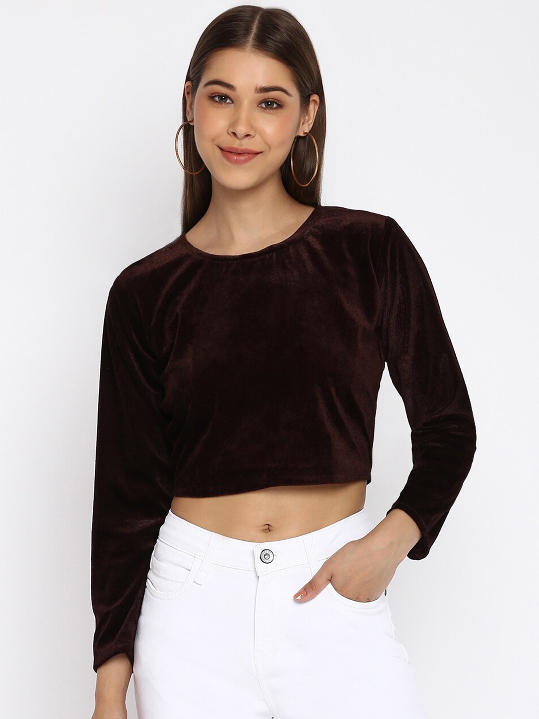 

Mayra Round Neck Long Sleeves Velvet Regular Crop Top, Brown