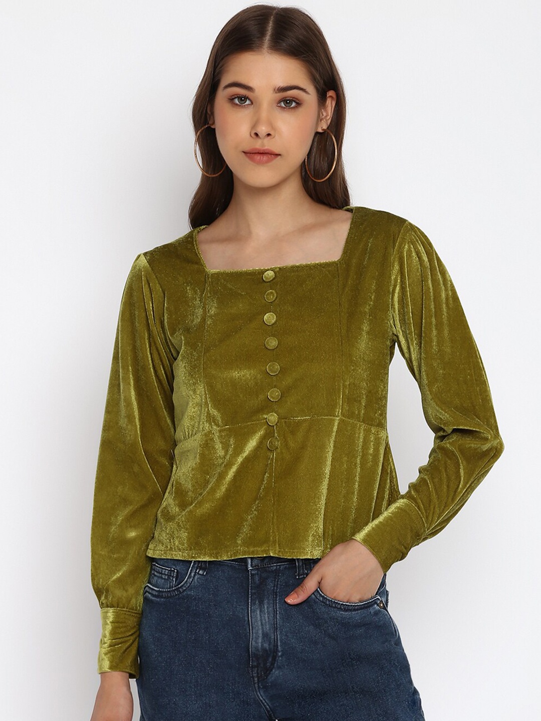 

Mayra Square Neck Cuffed Sleeves Velvet Top, Olive