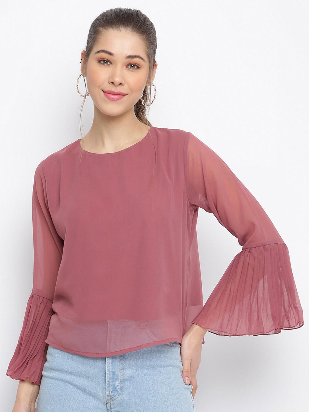 

Mayra Round Neck Bell Sleeves Georgette Top, Pink