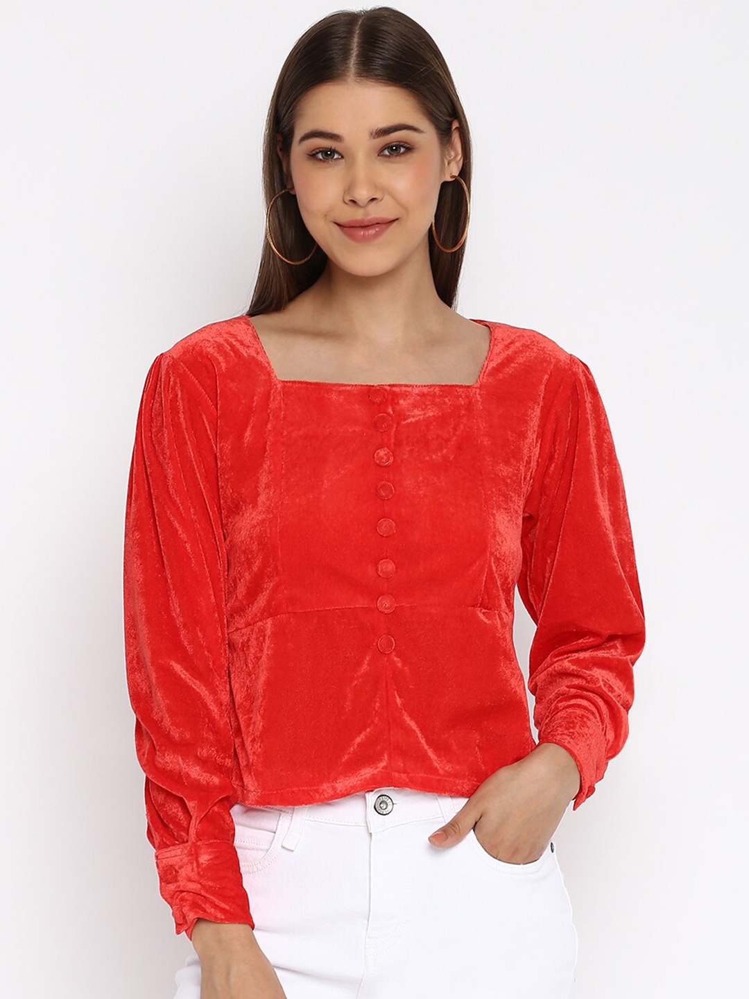 

Mayra Square Neck Cuffed Sleeves Velvet Top, Red