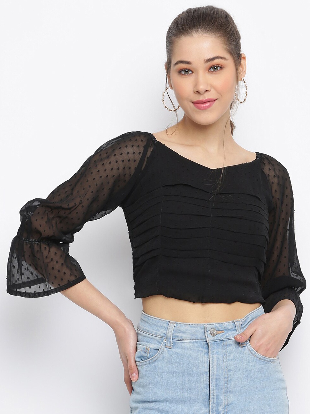 

Mayra Ruched Detail Georgette Crop Top, Black