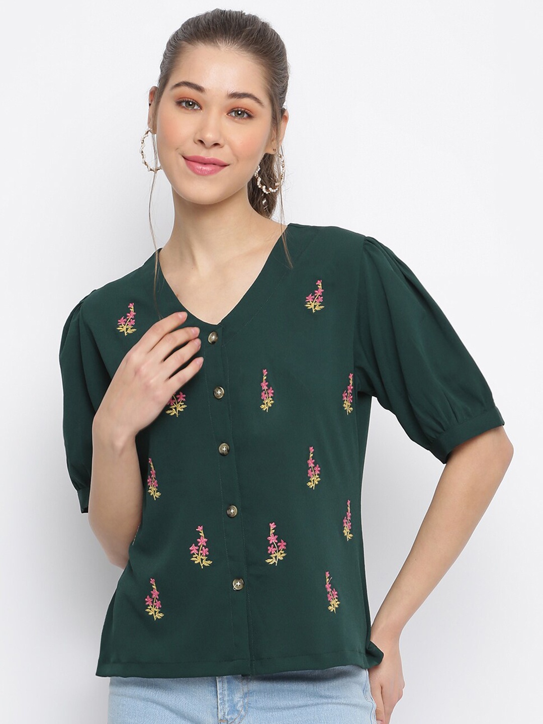 

Mayra Embroidered Puff Sleeves Shirt Type Crepe Top, Green