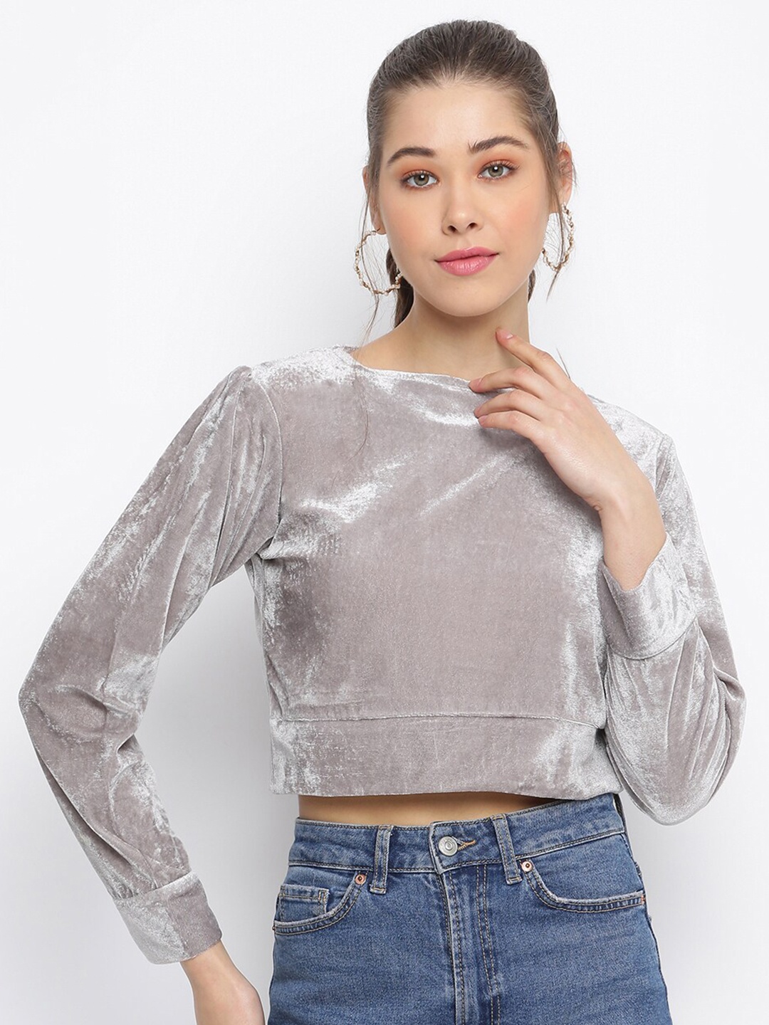 

Mayra Boat Neck Cuffed Sleeves Velvet Crop Top, Grey