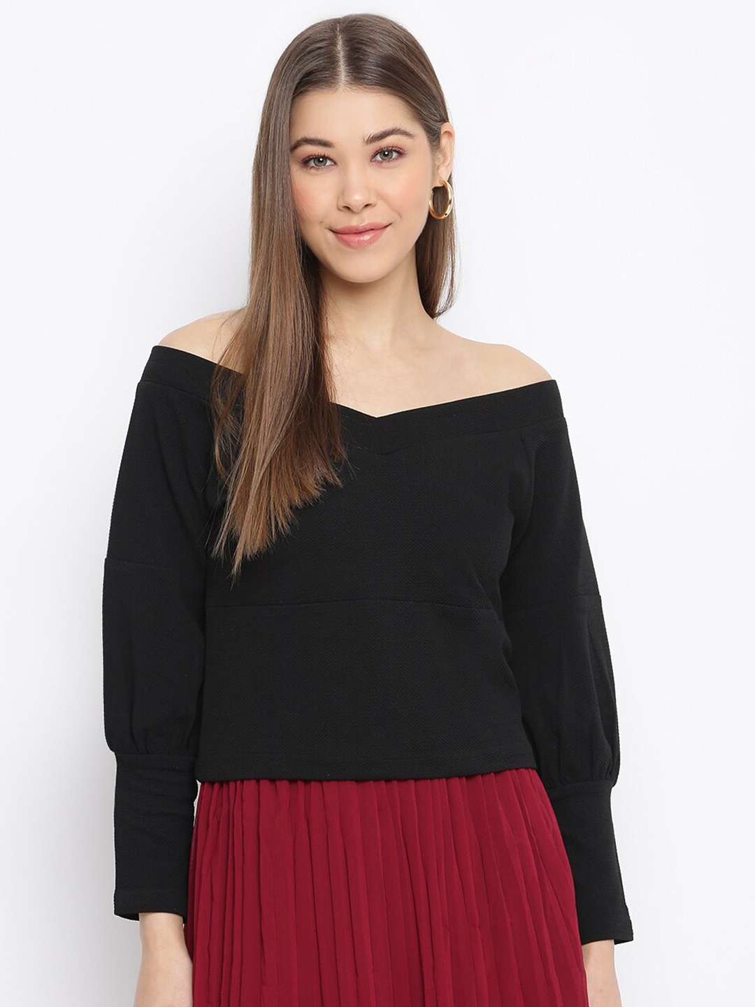 

Mayra Off-Shoulder Cuffed Sleeves Bardot Top, Black