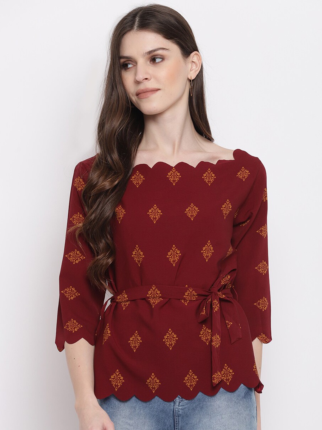 

Mayra Ethnic Motif Printed Boat Neck Cinched Waist Top, Maroon