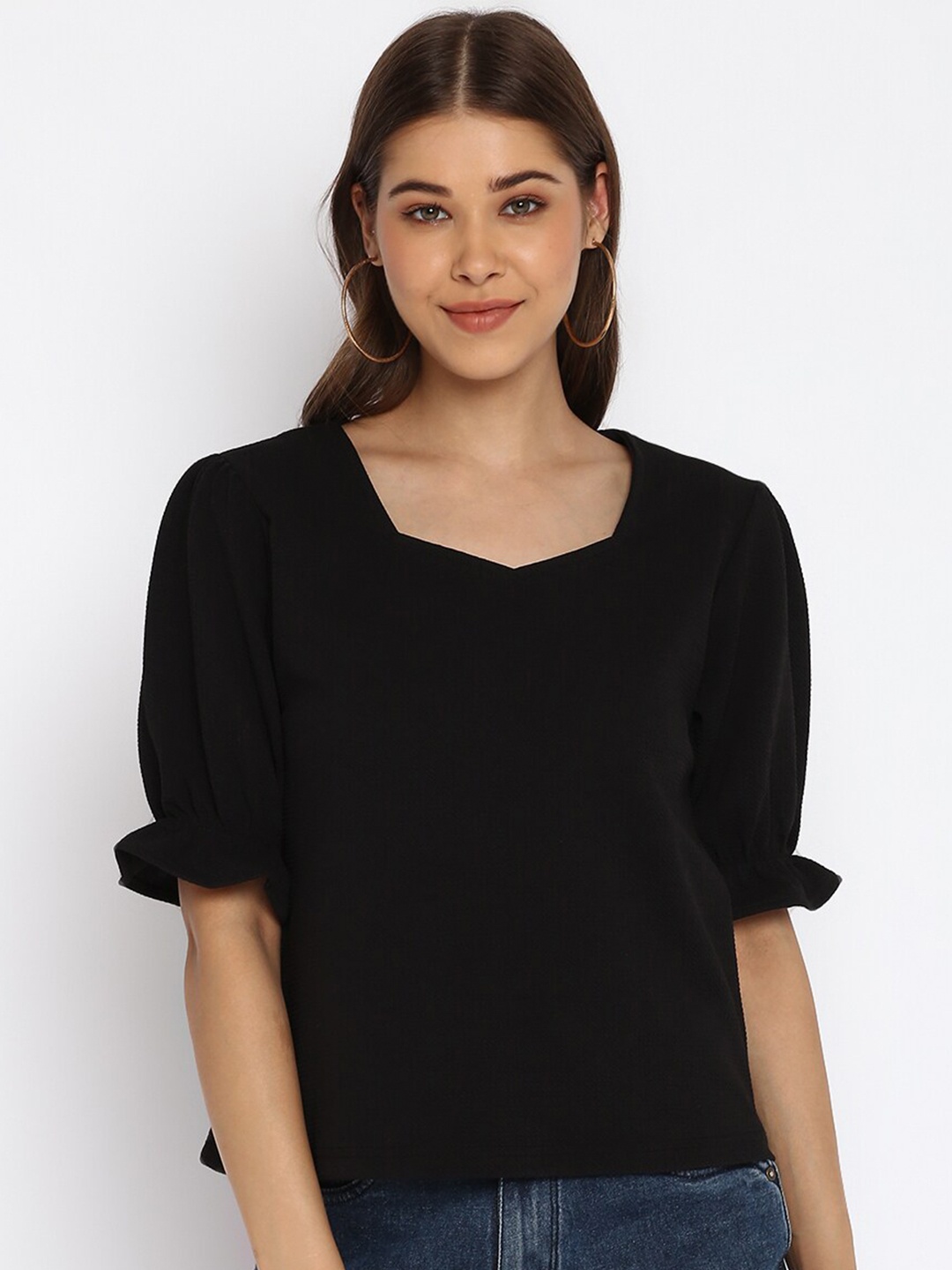 

Mayra V-Neck Puff Sleeves Velvet Top, Black