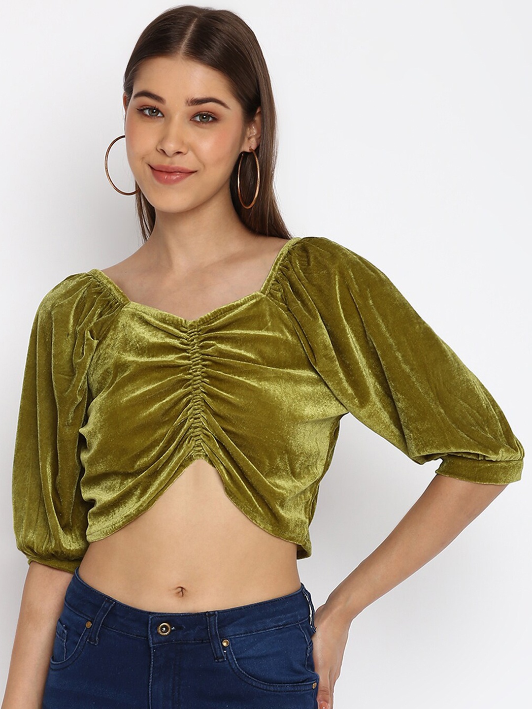 

Mayra Velvet Puff Sleeves Crop Top, Olive