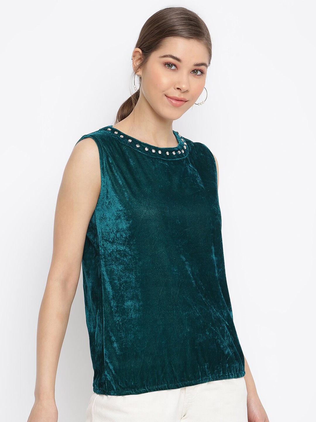 

Mayra Round Neck Sleeveless Velvet Top, Teal