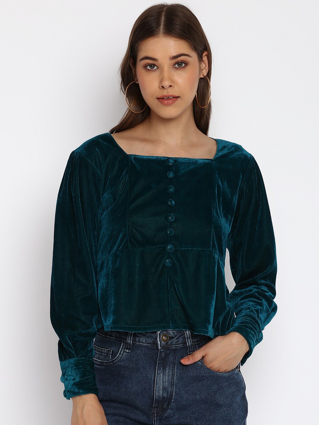 

Mayra Square Neck Velvet Top, Green