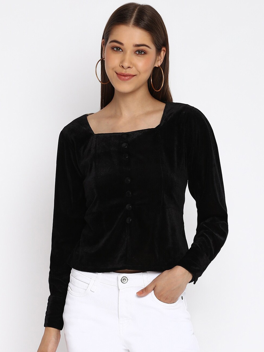 

Mayra Long Sleeves Square Neck Velvet Crop Top, Black