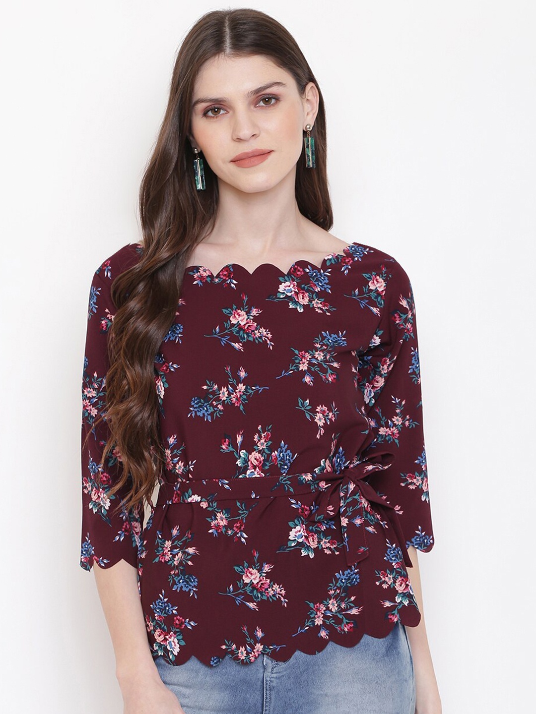 

Mayra Floral Print Waist Tie-ups Top, Maroon