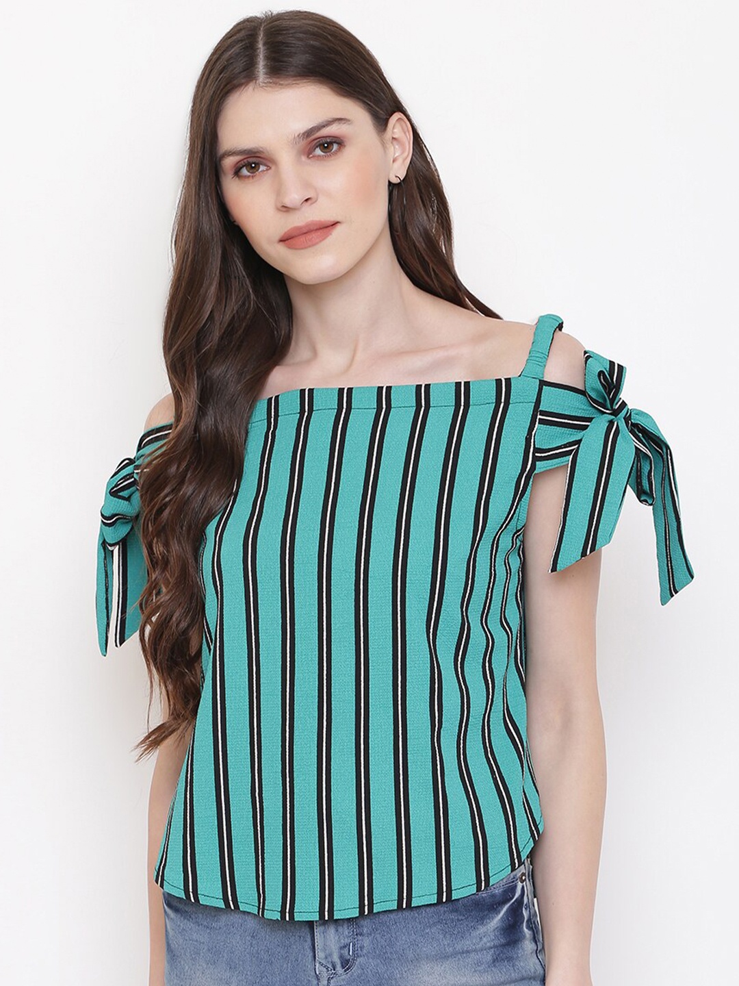 

Mayra Striped Tie-Up Detail Short Sleeves Top, Green