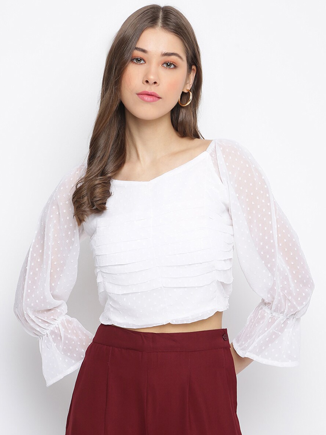 

Mayra Bell Sleeves Smocking Detail Crop Top, White
