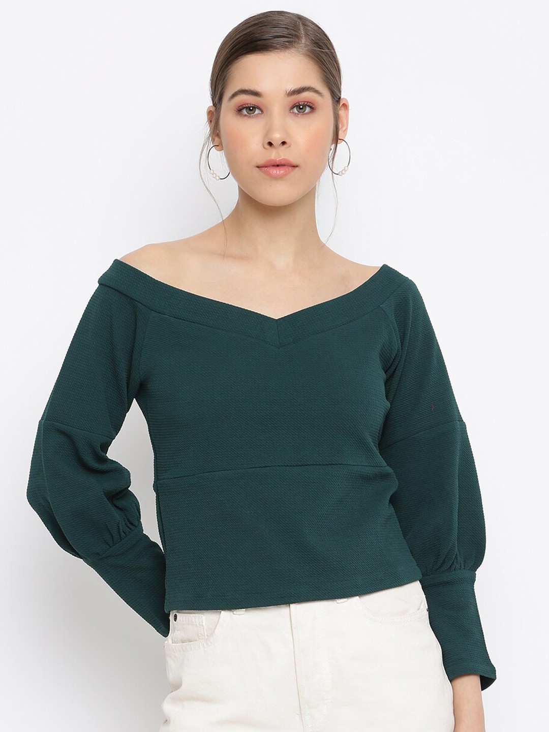 

Mayra Puff Sleeve Bardot Top, Green