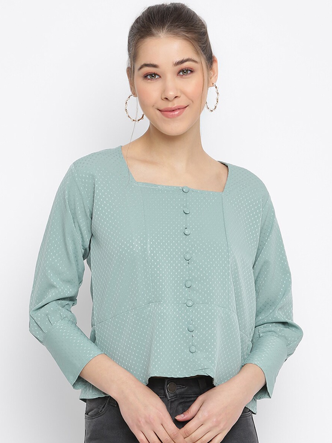 

Mayra Self Design Square Neck Top, Green