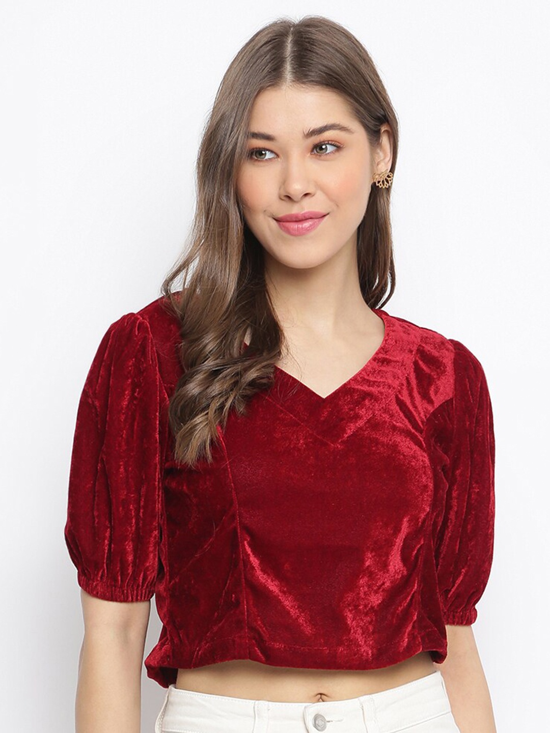 

Mayra Puff Sleeves Velvet Crop Top, Maroon