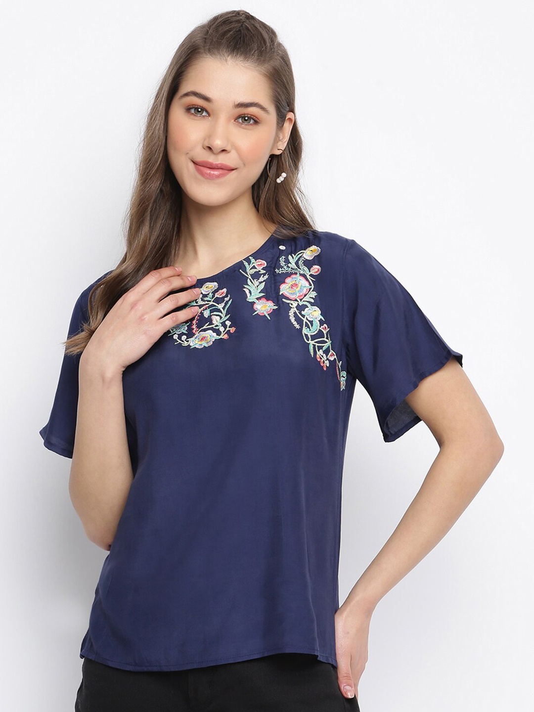 

Mayra Floral Embroidered Top, Navy blue