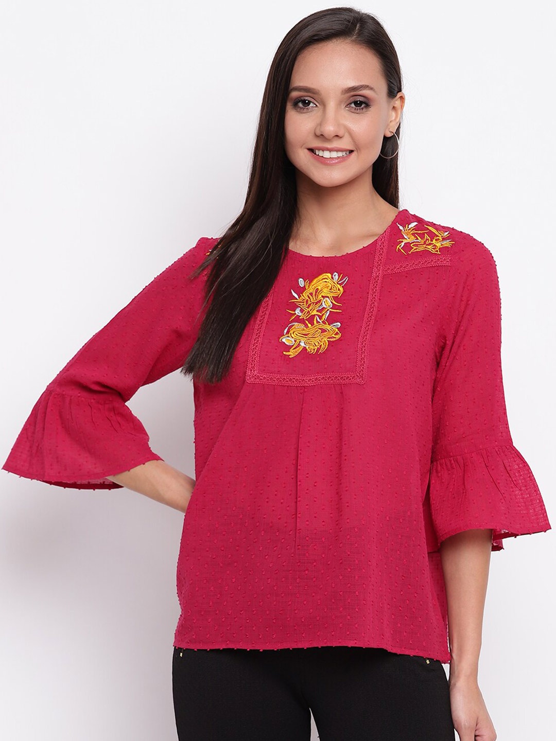 

Mayra Bell Sleeves Floral Embroidered A-Line Pure Cotton Top, Maroon