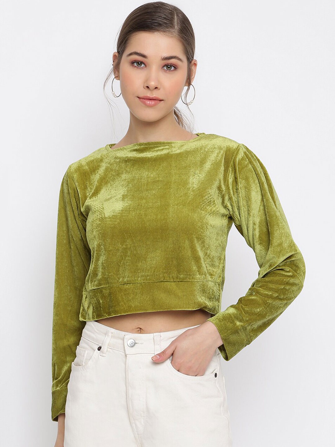 

Mayra Boat Neck Velvet Crop Top, Green
