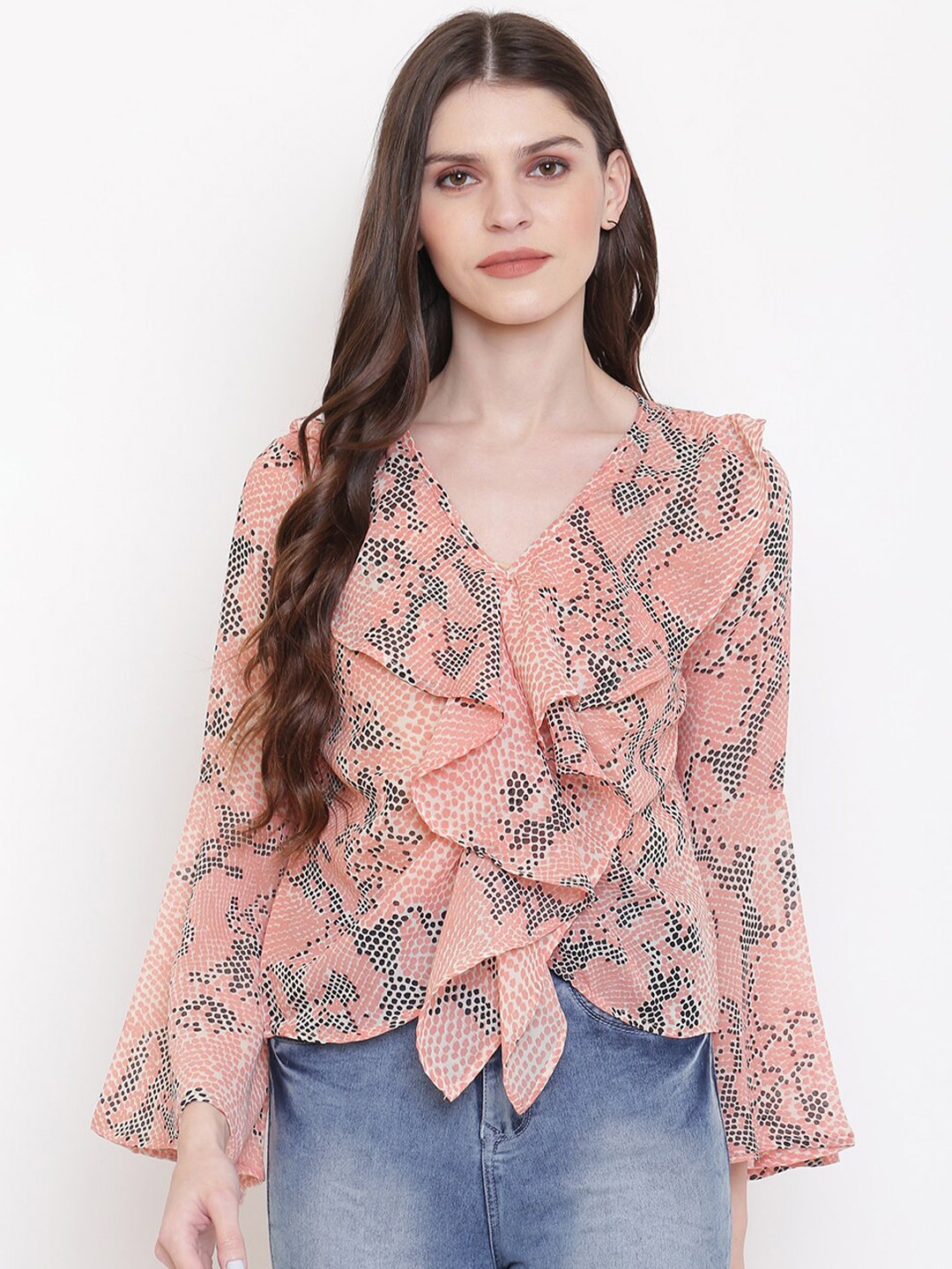 

Mayra Animal Printed Bell Sleeves Ruffled Top, Pink